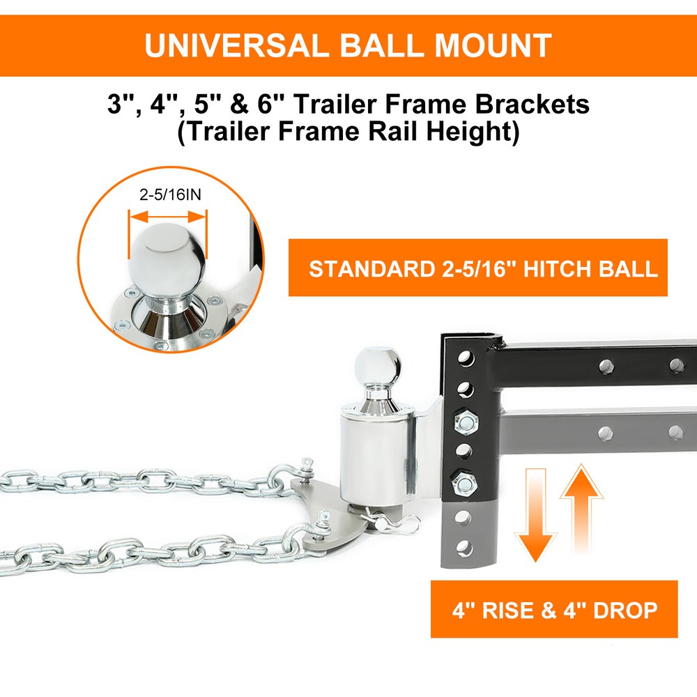 Universal Rear 1400LBS Weight Distribution Hitch For 4" Drop/Rise 2-5/16" Ball