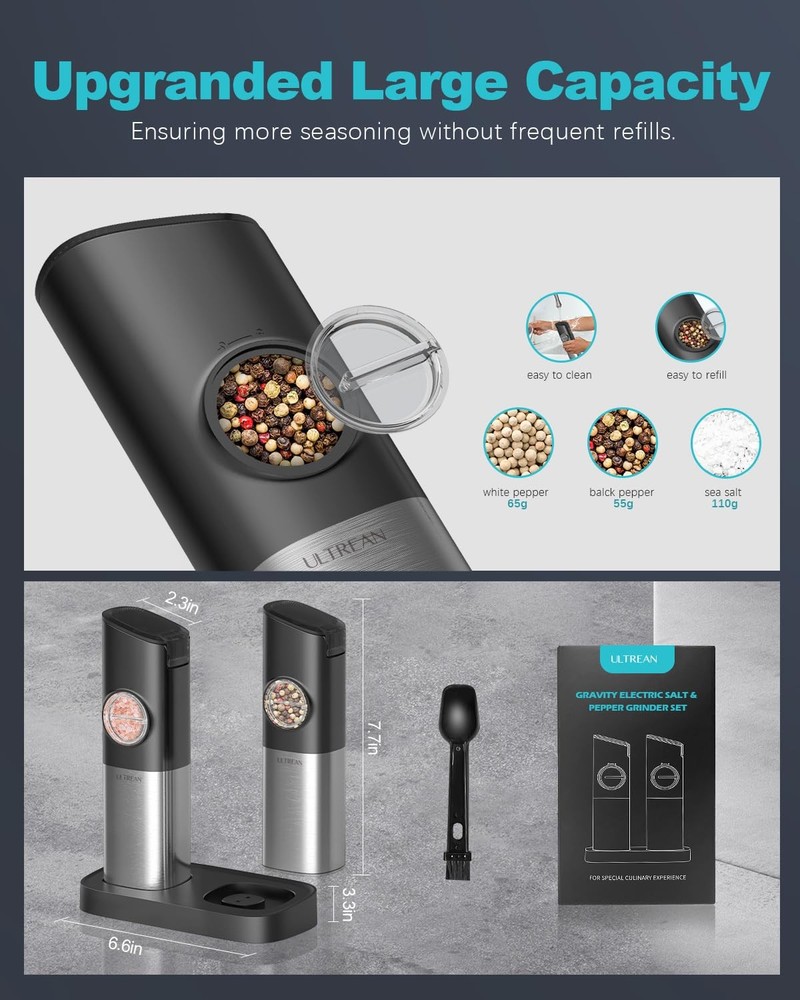 Pepper Grinder Rechargeable Gravity Salt and with 6 Adjustable Coarseness LED