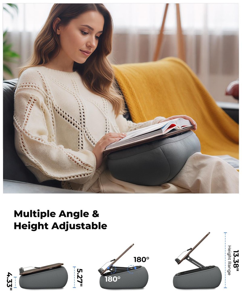 Lap Book Pillow Stand with Storage, Adjustable Beanbag Reading Pillow with Da...