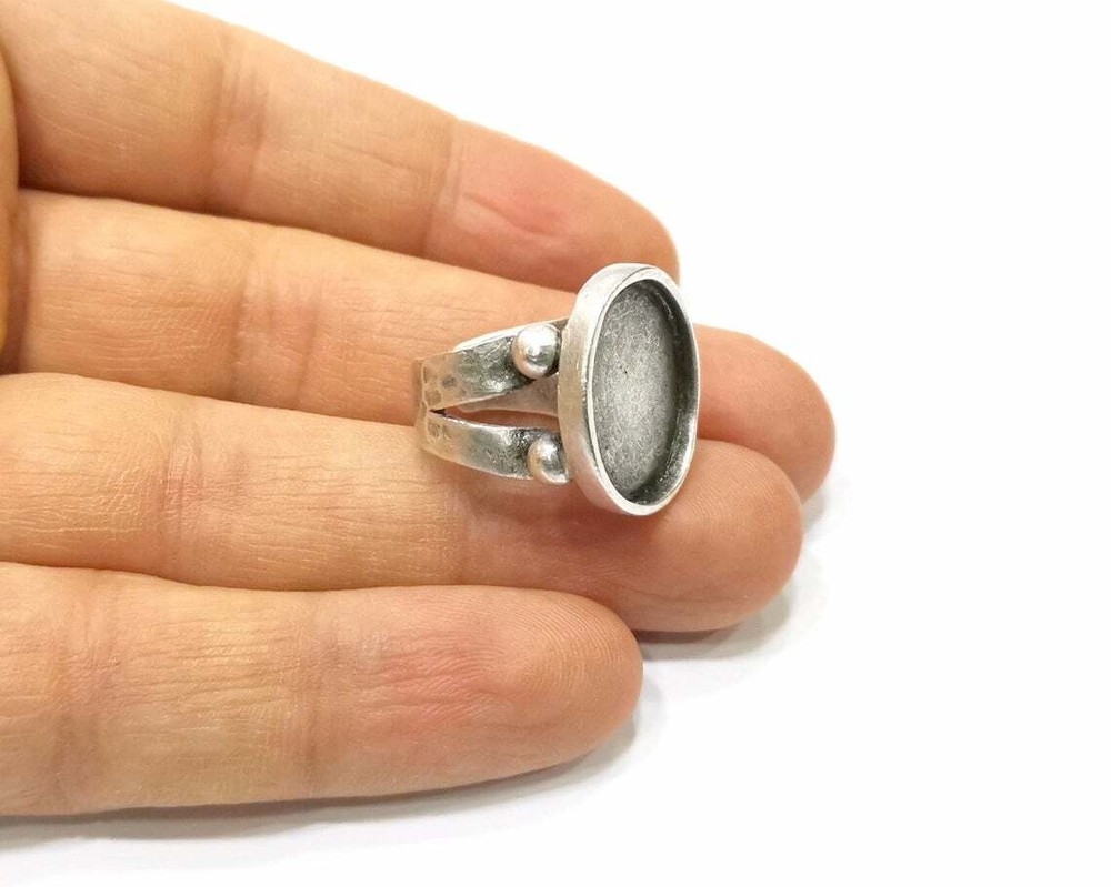 Oval Ring Blank Setting Base Bezel Cabochon Antique Silver Plated Brass G16473