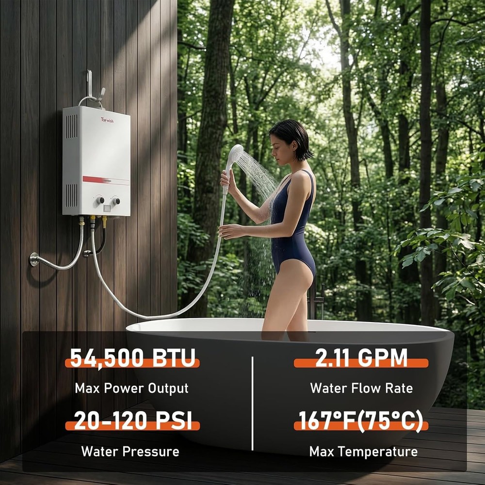 Portable Propane Tankless Water Heater 8L 2.11 GPM Outdoor RV Shower 54500 BTU