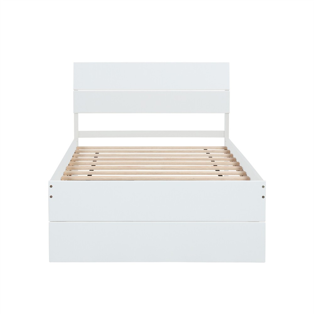 Twin Size Bed Frame Wood Platform Bed Frame w/ Headboard & Pull Out Trundle