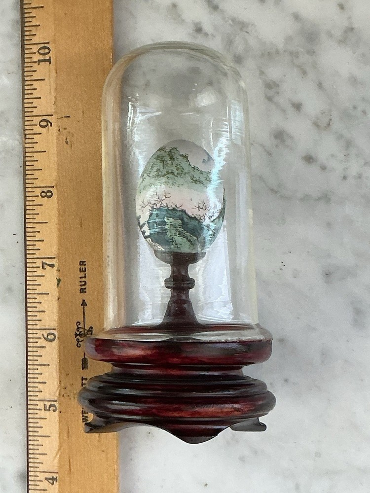Vtg MCM Mini Hand painted Chinese Egg Under Dome Wood Base