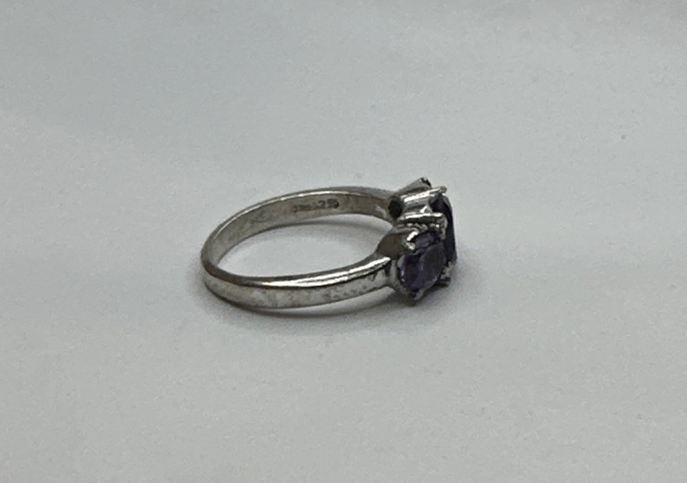 Elegant 925 Sterling Silver Amethyst Three Stone Ring / Size 9