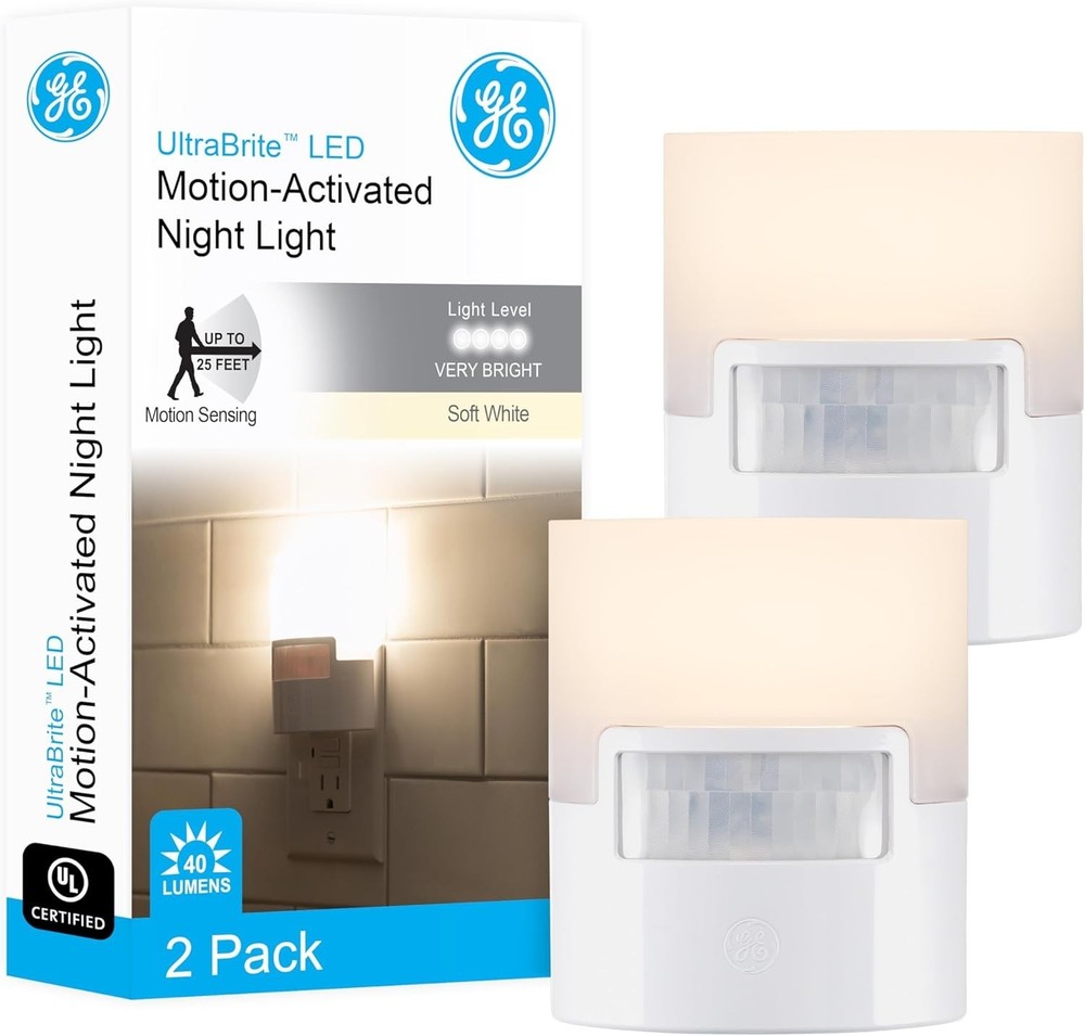 2 Pack LED Night Light Motion Sensor Plug-in UL Listed, White, 40 Lumens, White