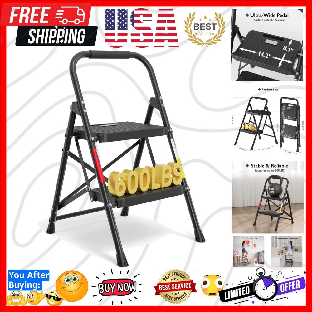 2-Step Ladder, Folding Step Stool, 600lbs Max Load Capacity, Sturdy Steel, No...