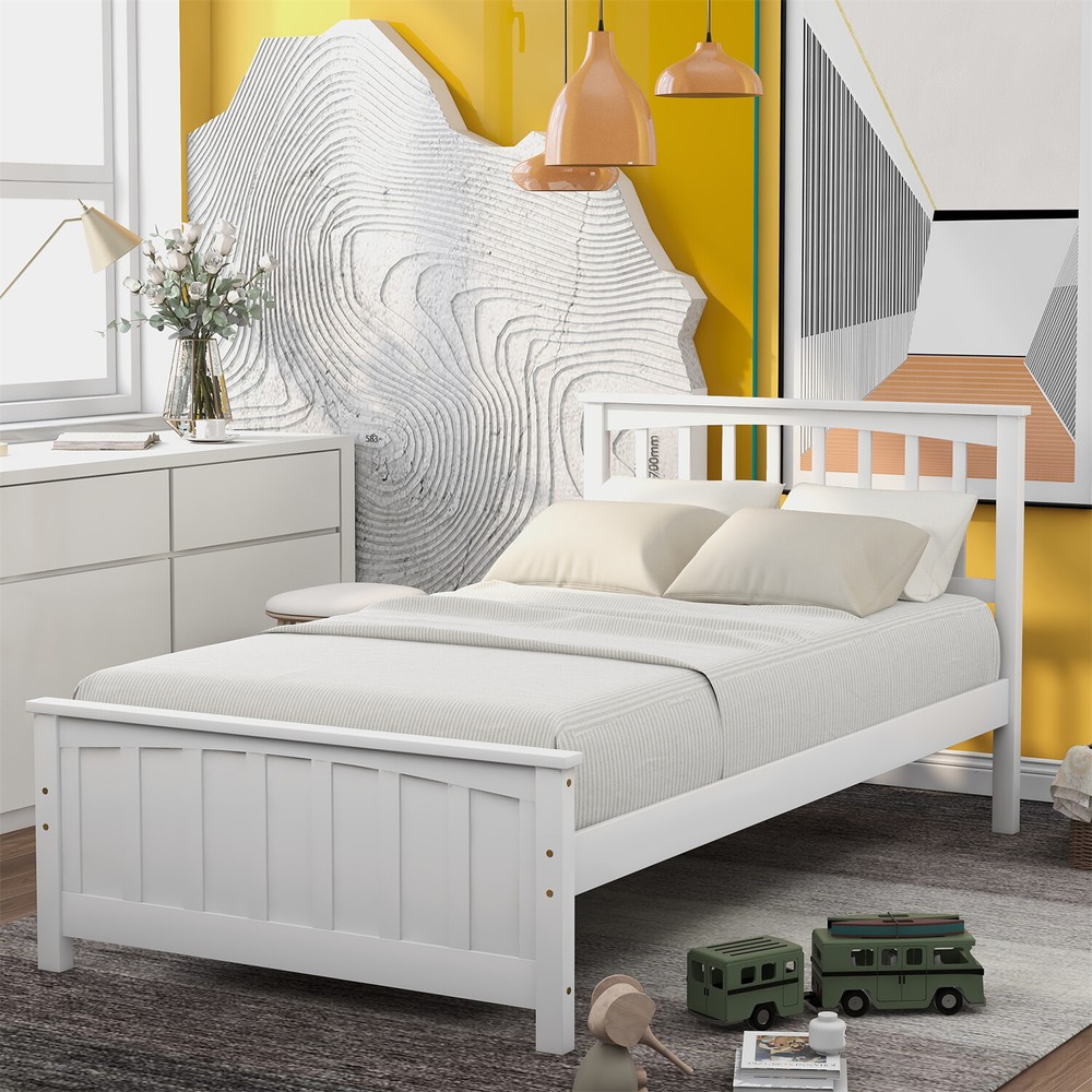 Twin Size Bed Frame Wood Platform Bed Frame with Wood Headboard White/Gray
