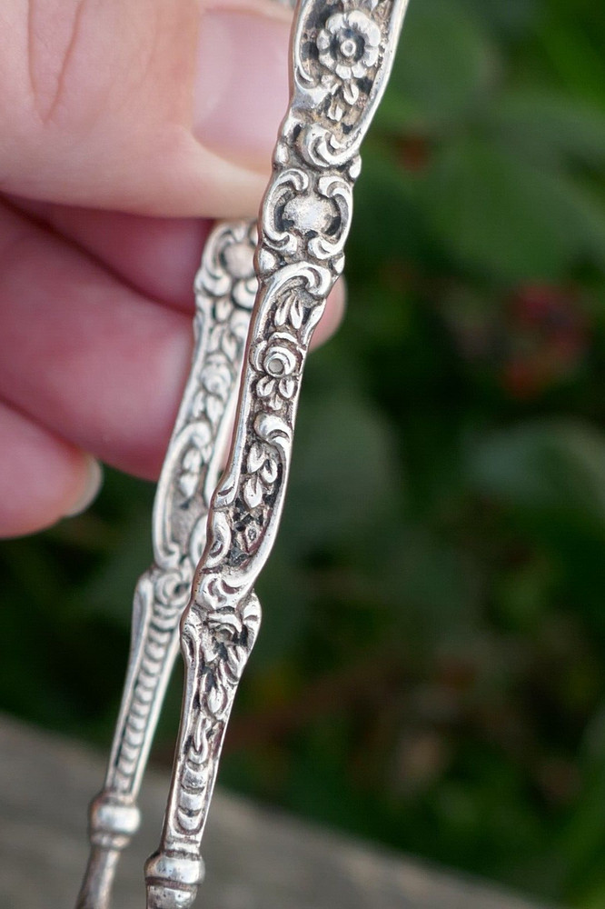 Antique German 800 Fine Silver Repousse Claw Tongs