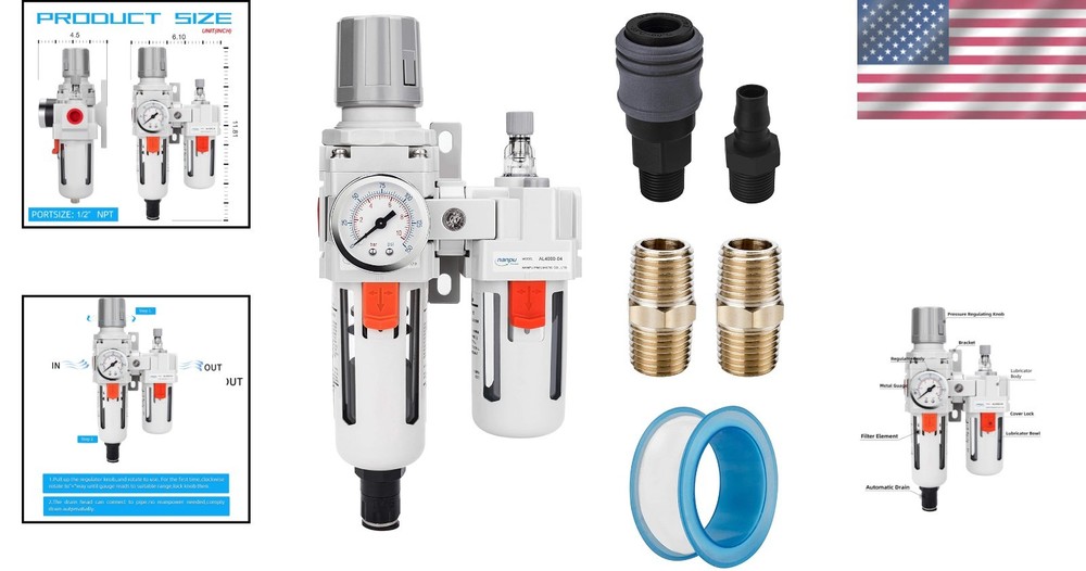 Efficient 1/2" NPT Air Filter Regulator Lubricator Combo with Gauge & Bracket