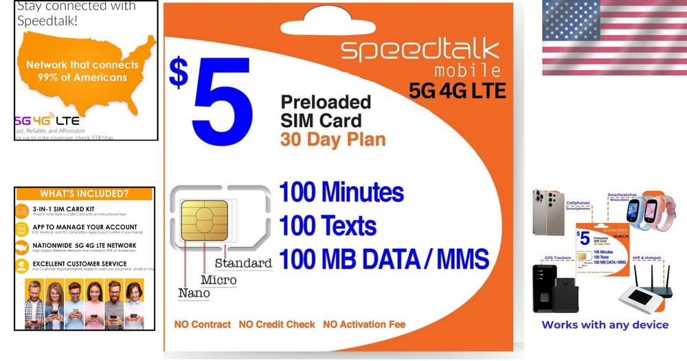 No Contract 5G SIM - 100 Talk Minutes, 100 Texts, 100 MB Data - $5 a