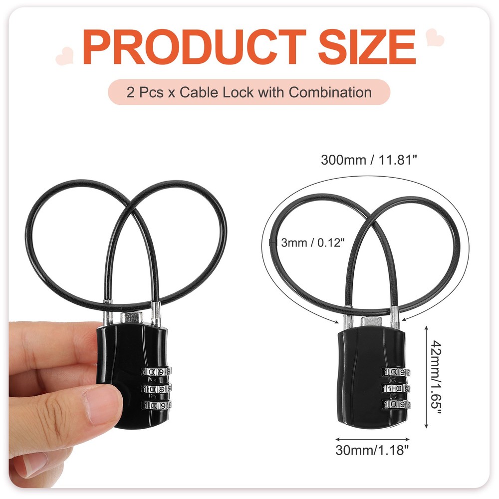 2 Pcs 3 Digit Luggage Cable Combination Lock with 12" Long Cable, Black