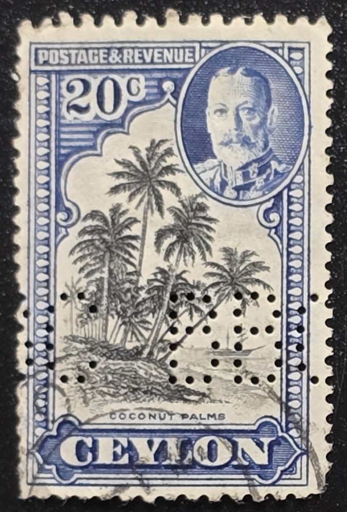 Ceylon, Scott #270, 20c King George V - BBC Perfin - Stamp