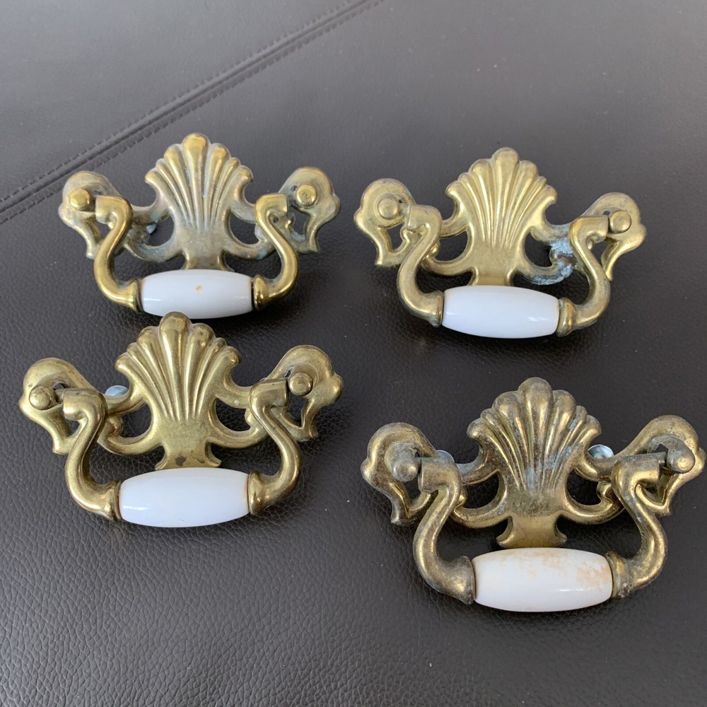 Vintage 1986 Drawer Pulls Brass Scrolls Ceramic Handle Set Of 4
