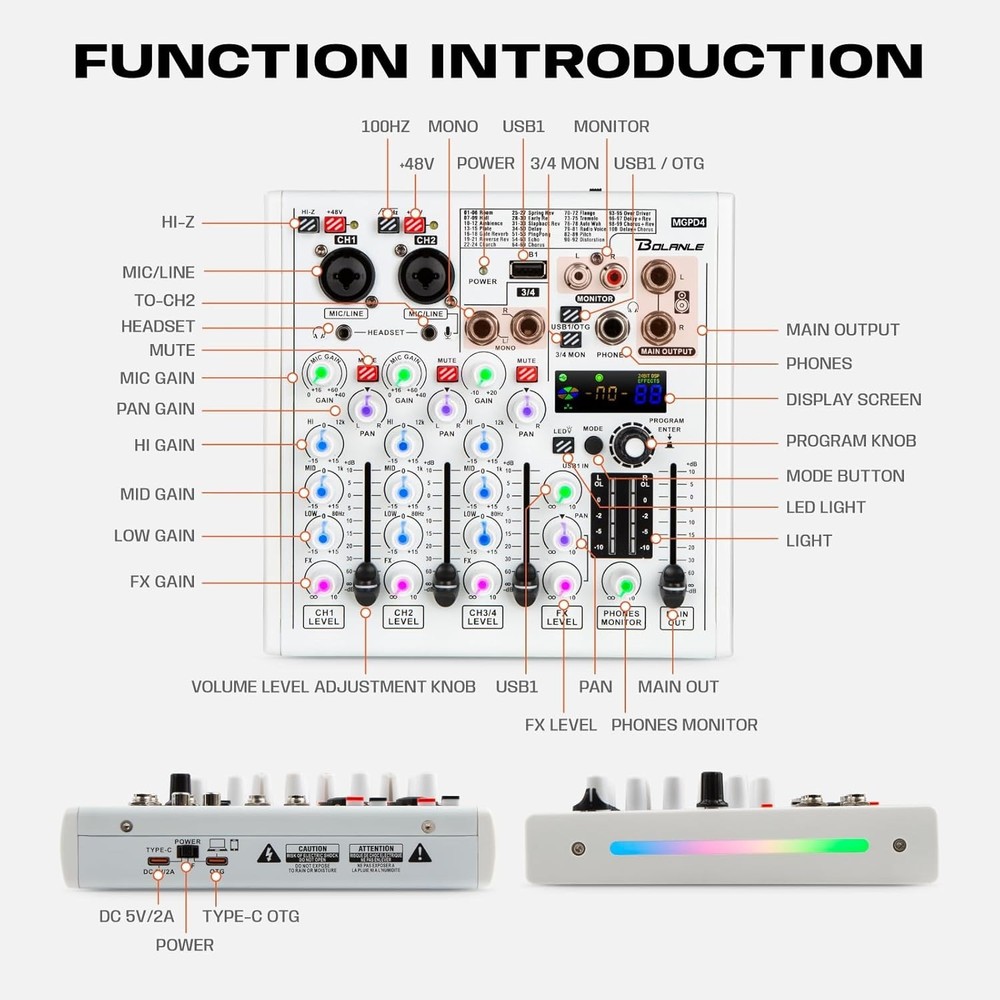 4-Channel DJ Mixer with 100 DSP Effects, USB Audio Interface & Bluetooth - Pr...
