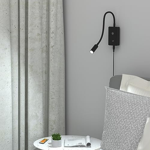 LED Wall Mounted Bedside Lamp with Flexible Gooseneck, Remote Control Black