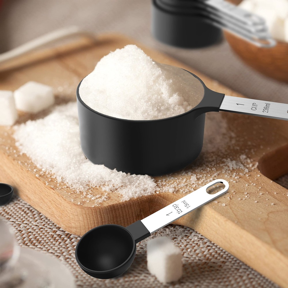 TILUCK Measuring Cups & Spoons Set, Stackable Nesting Cups w/ Steel Handle Black