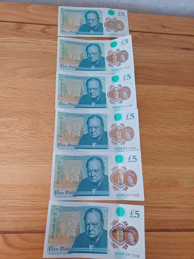 6 x £5 Consecutive Numbered  AJ 1-6 low no’s £5 Notes  MINT condition