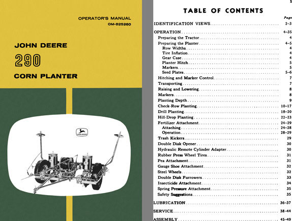 John Deere 290 Corn Planter Operators Manual OM-B25260