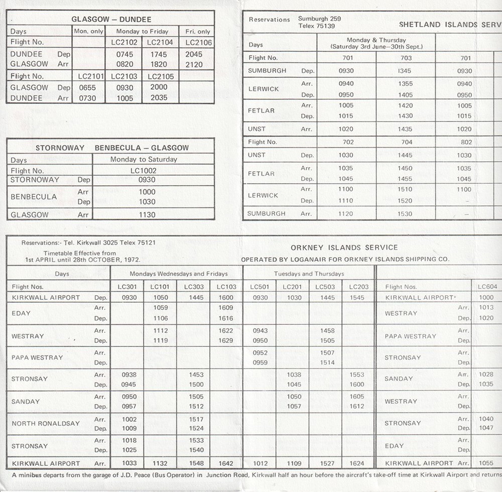Loganair timetable 1972/04/01