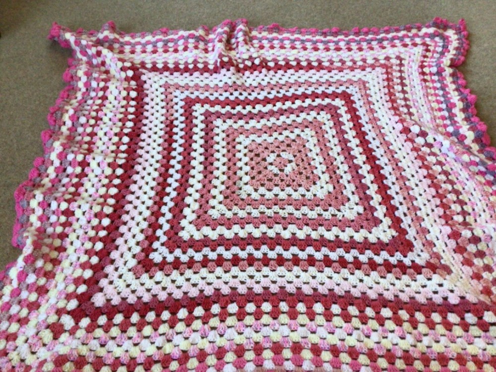 Handmade Pink White Crochet Blanket. 47” x 38”