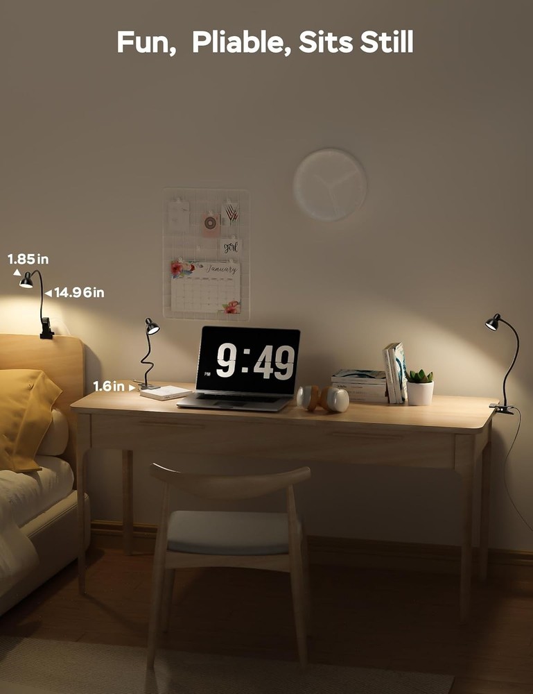 Clip on Lamp USB Reading Light, 3 Color Modes, 10 Brightness Dimmable, Flexible