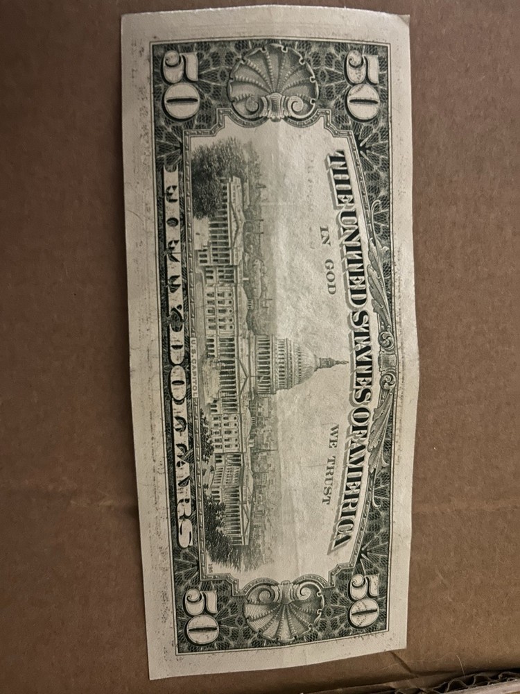 1990 $50 Bill Partial Ink Transfer Error Note wet ink Back to Front