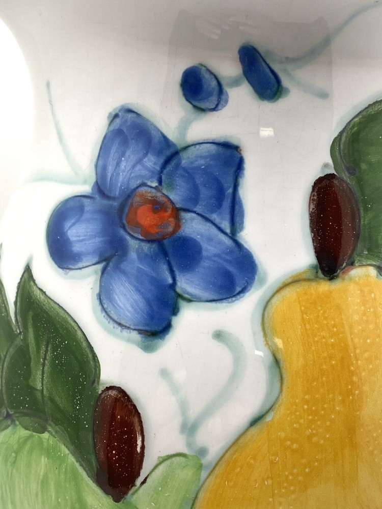 Vintage Pottery Ceramic Handpainted Flowrs And Fruit Design Jug Pitcher