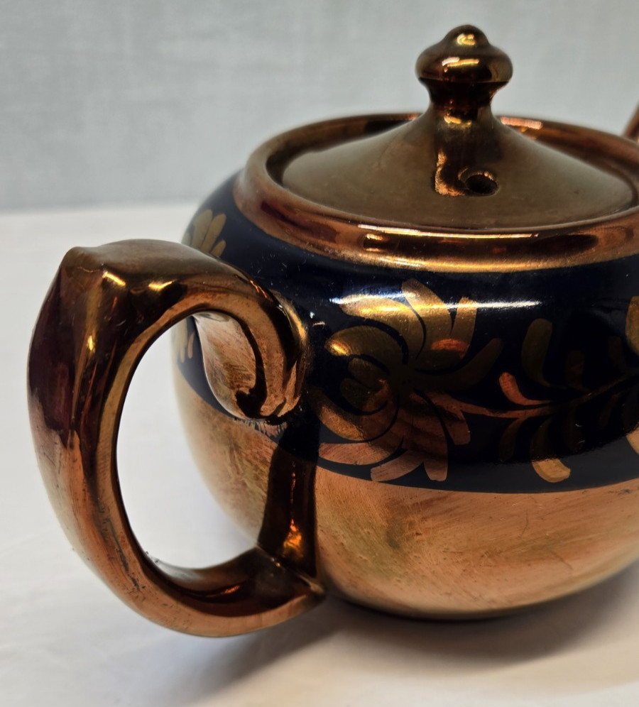 Copper Luster Teapot Blue Swirl Design Red Ware