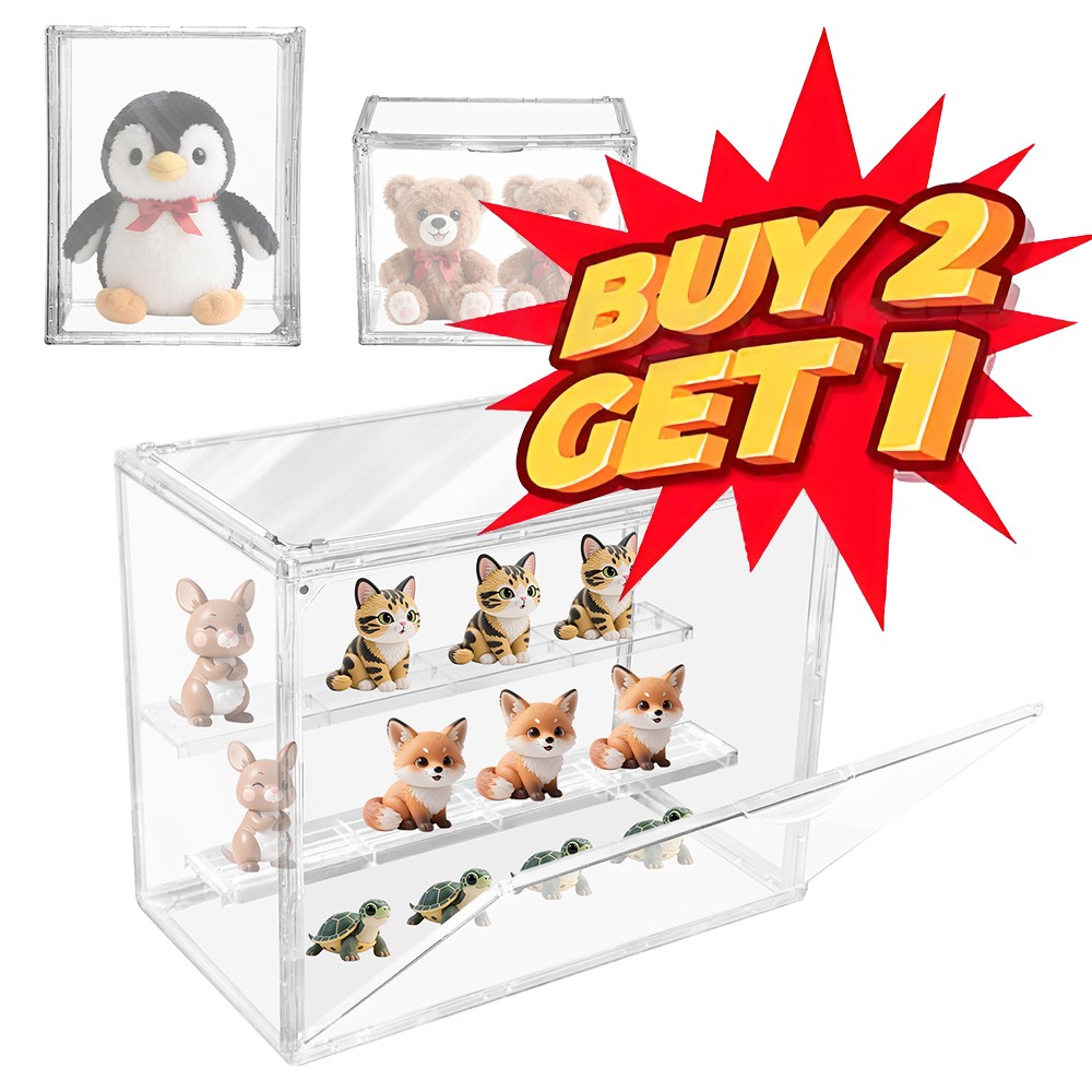 Clear Acrylic 3 Tier Figure Display Case with 2 Movable Plates Stackable Show
