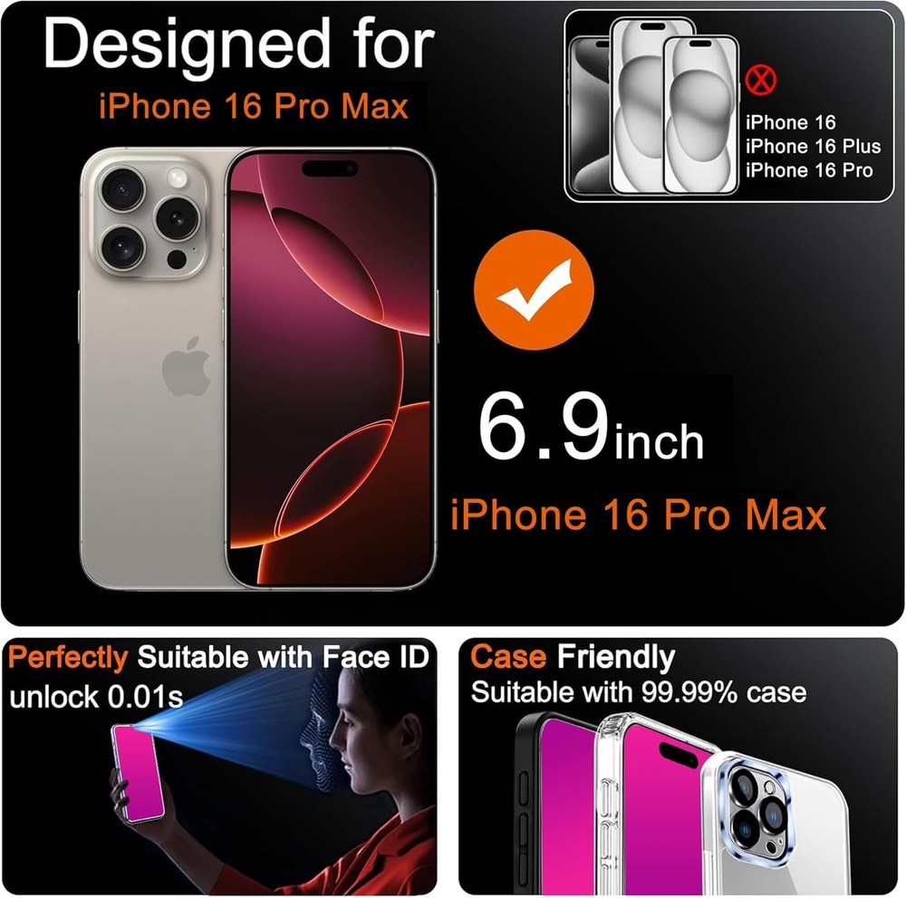 2 Pack for iPhone 16 Pro Max Privacy Screen 16 (Pink)