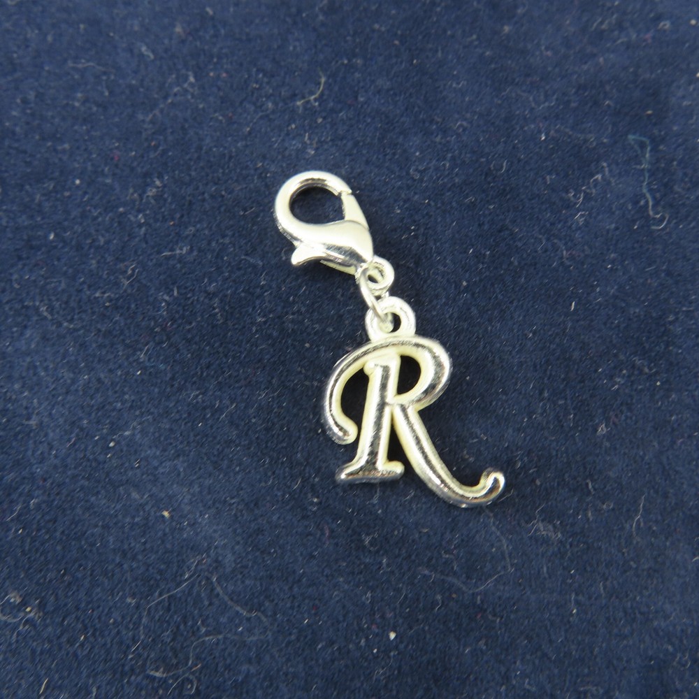 Initial CURSIVE LETTER R Charm Zipper Pull Keychain Add On Clip Silver Tone Lg