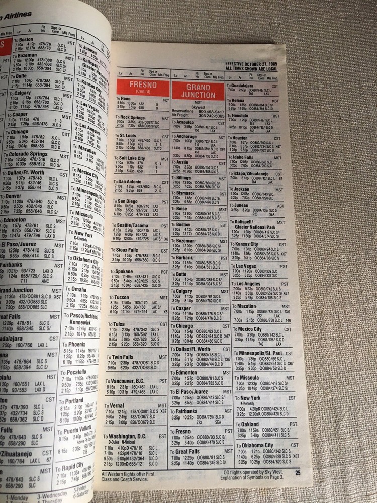 Western Airlines October 27 1985 Flight Schedule Timetable