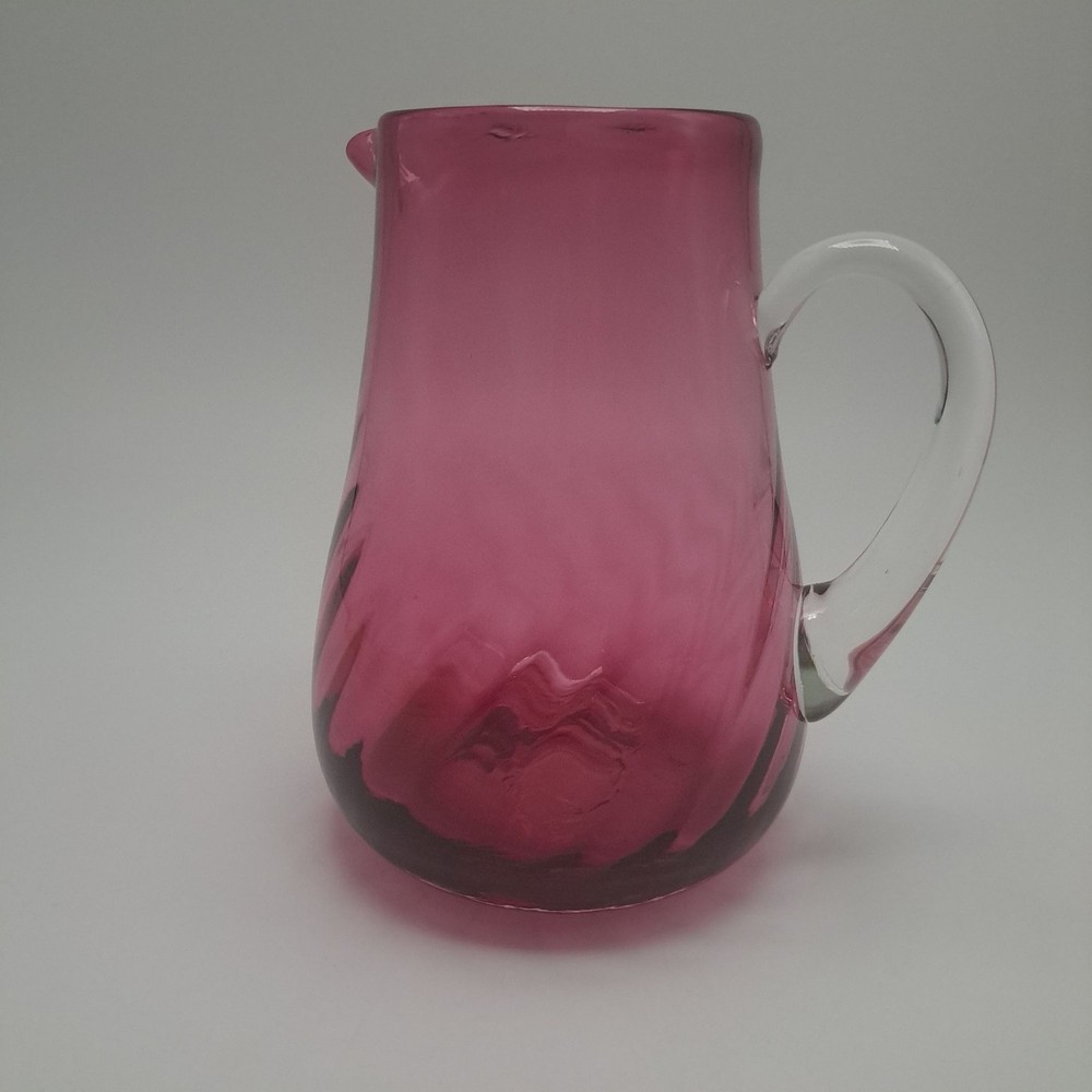 Hand Blown Pilgrim Cranberry Glass Pitcher Applied Clear Handle
