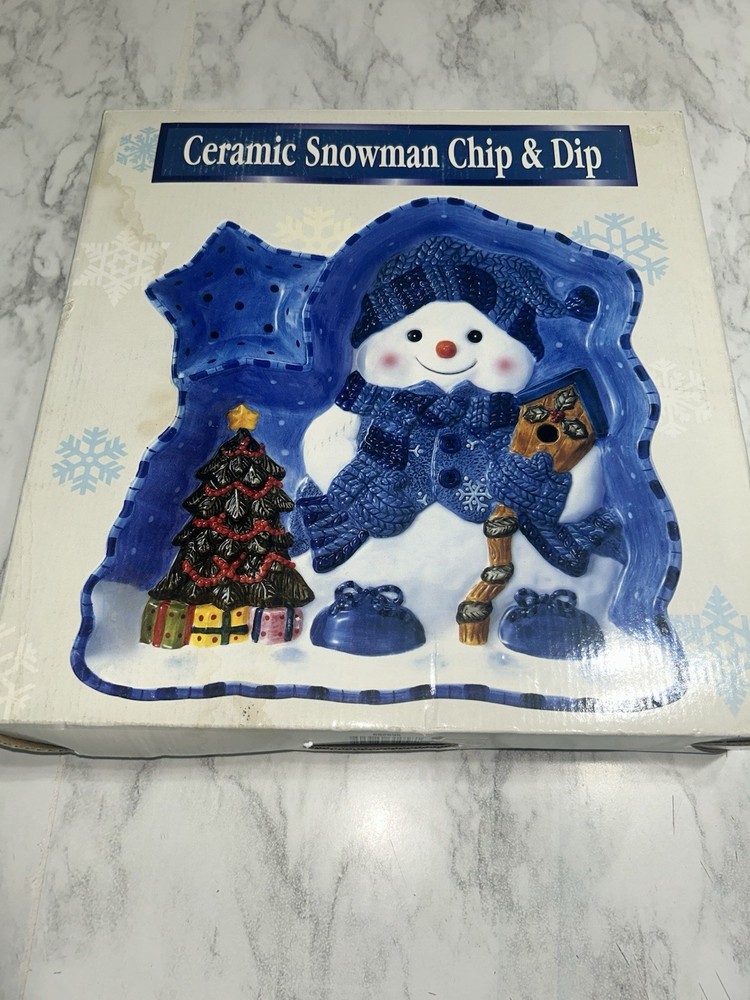 Vtg Mercuries China Ceramic Snowman Chip and Dip with Original Box