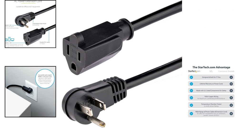 1ft Black Right Angle Power Cable Listed - Ideal for Space-Saving Solutions