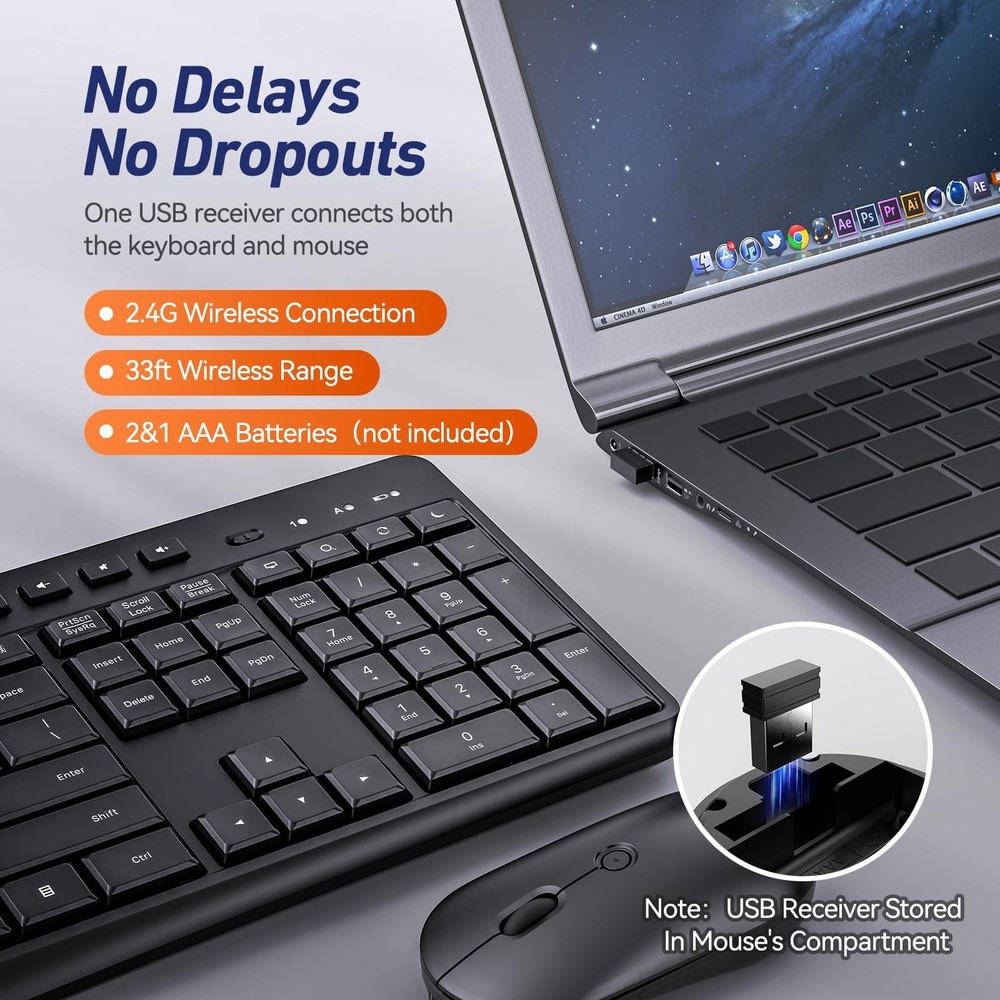 Wireless Keyboard and Mouse Combo, Acebaff 2.4G Quiet Wireless Computer Keybo...