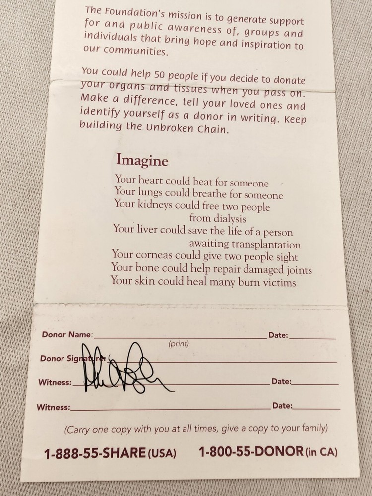 Phil Lesh Signed Organ/Tissue Donor Card Grateful Dead Unbroken Chain Foundation