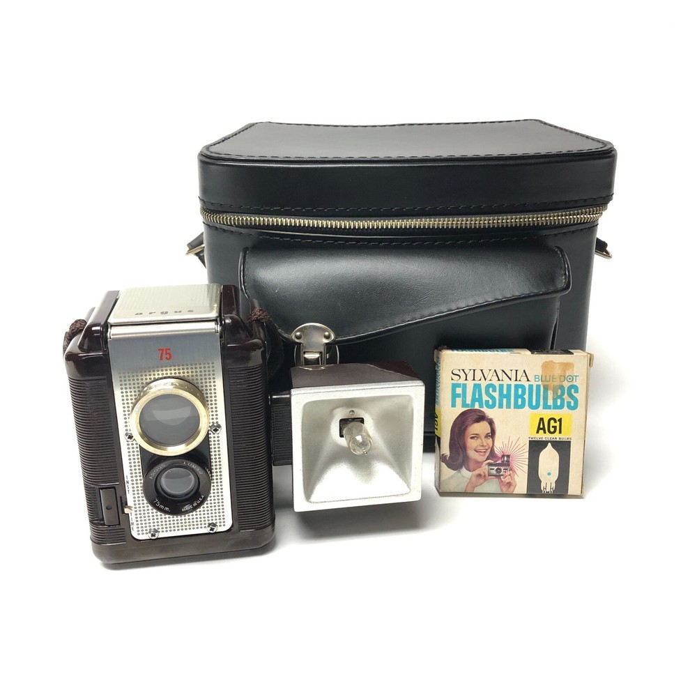 Vintage Argus 75 box camera with flash and Kali Bag case