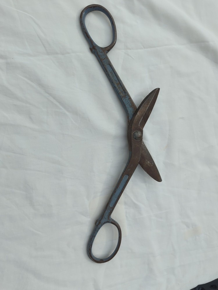 VINTAGE 12" WIS A-9 DROP FORGED SOLID STEEL TIN SNIPS BLUE Old Tool Scissors
