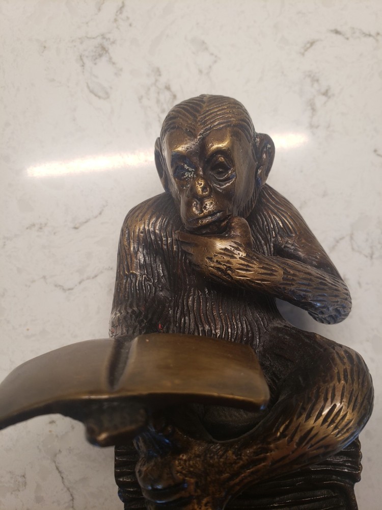 VTG Bronze Bookend Seated Chimpanzee Monkey Reading ..