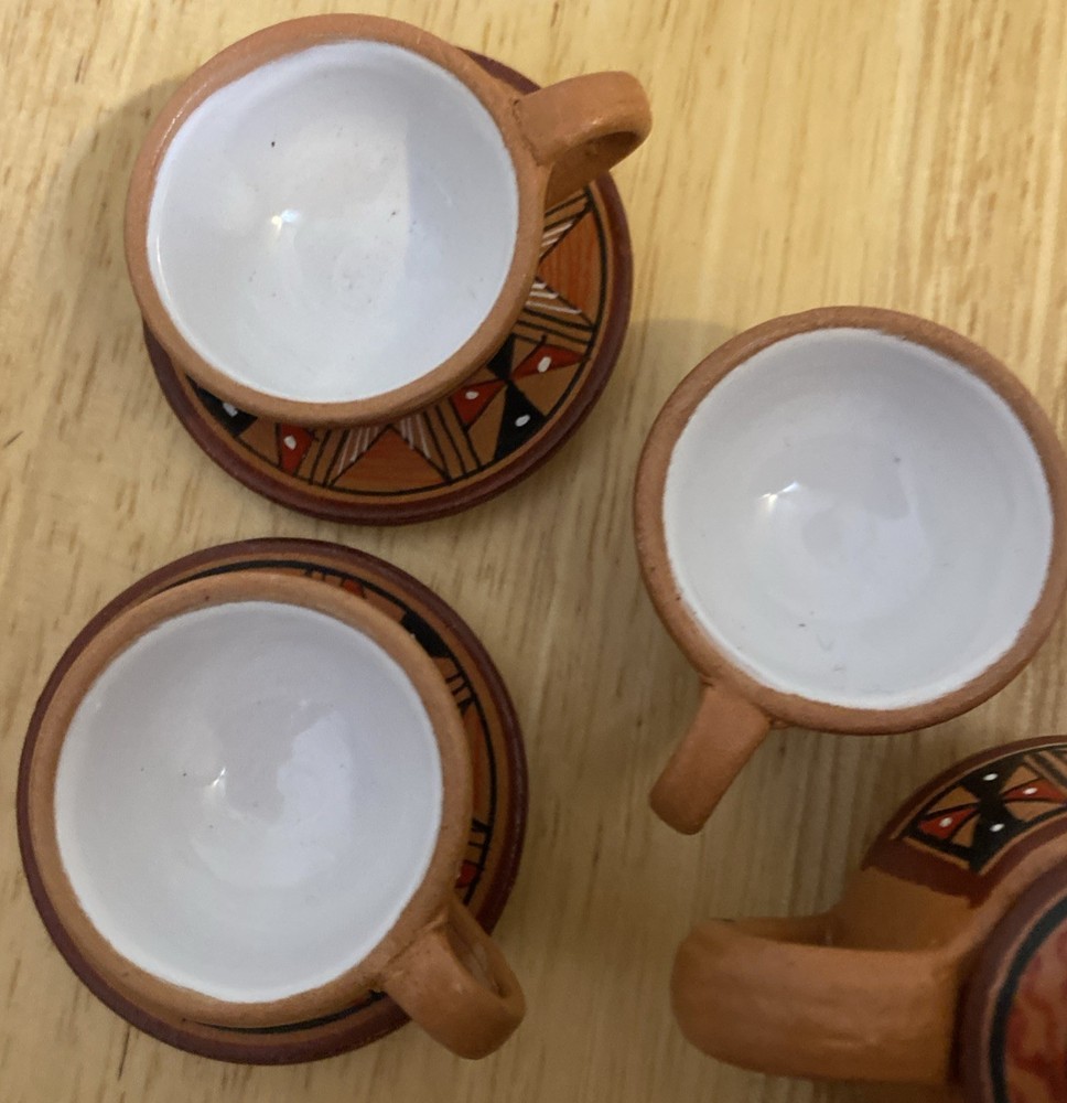 Cusco Peruvian 2” Miniature Clay Hand Decorated Glazed Tea Coffee Set 10 Pieces