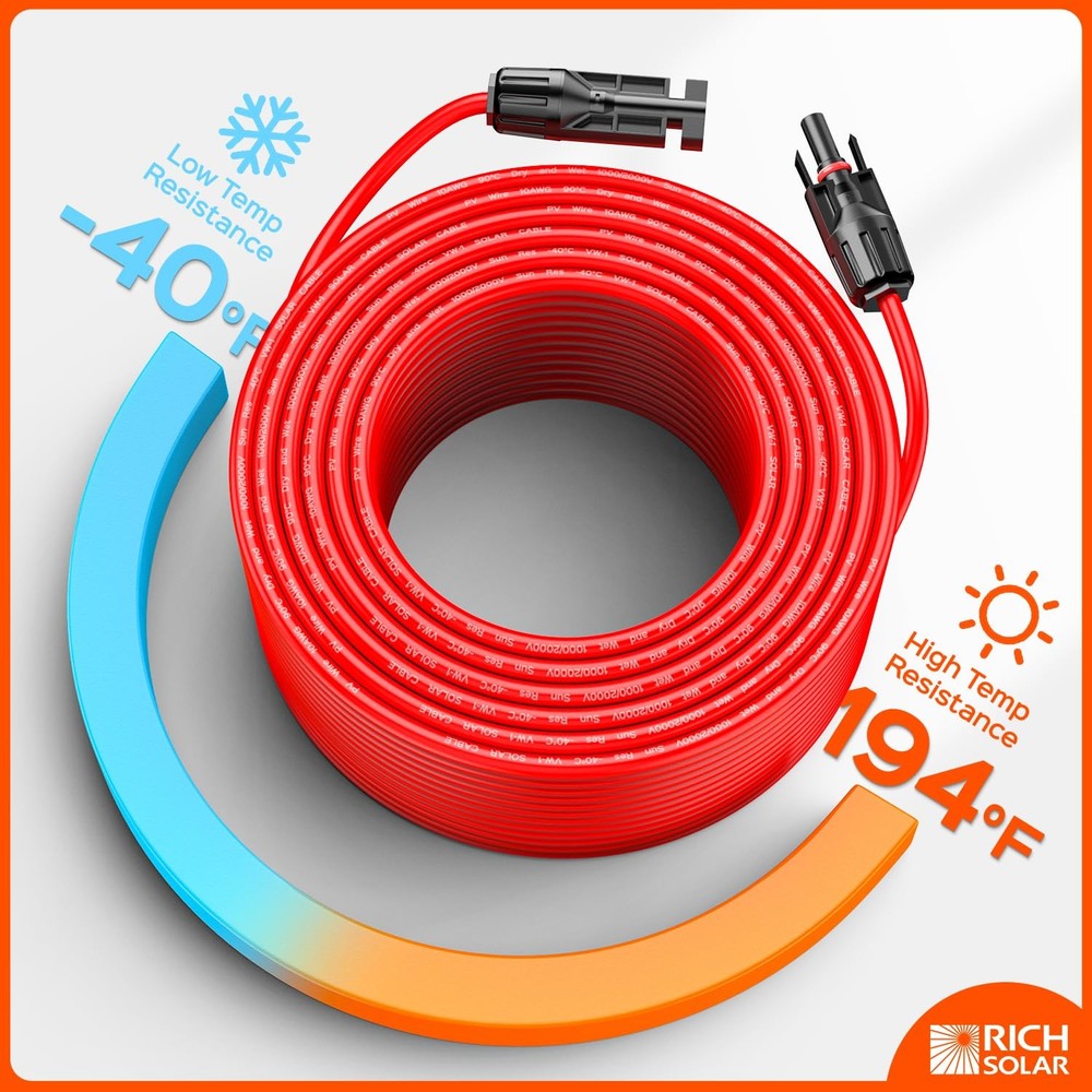 RICH SOLAR 10AWG 30ft Red & Black Solar Panel Extension Cable Pair