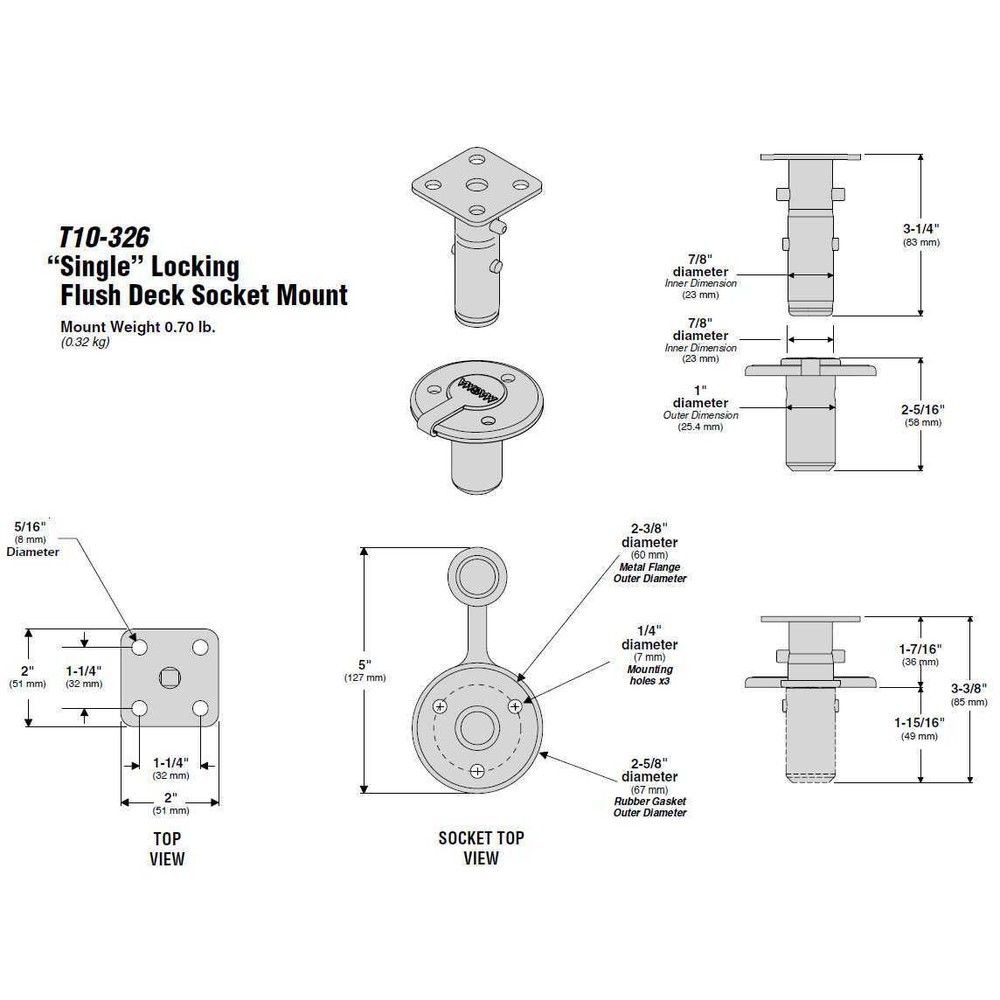 Magma T10-326 Locking Flush Deck Socket Single Mount Standard Duty Boat Grill