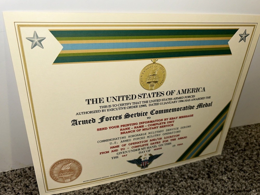 ARMED FORCES SERVICE MEDAL COMMEMORATIVE CERTIFICATE ~ W/PRINTING TYPE-1