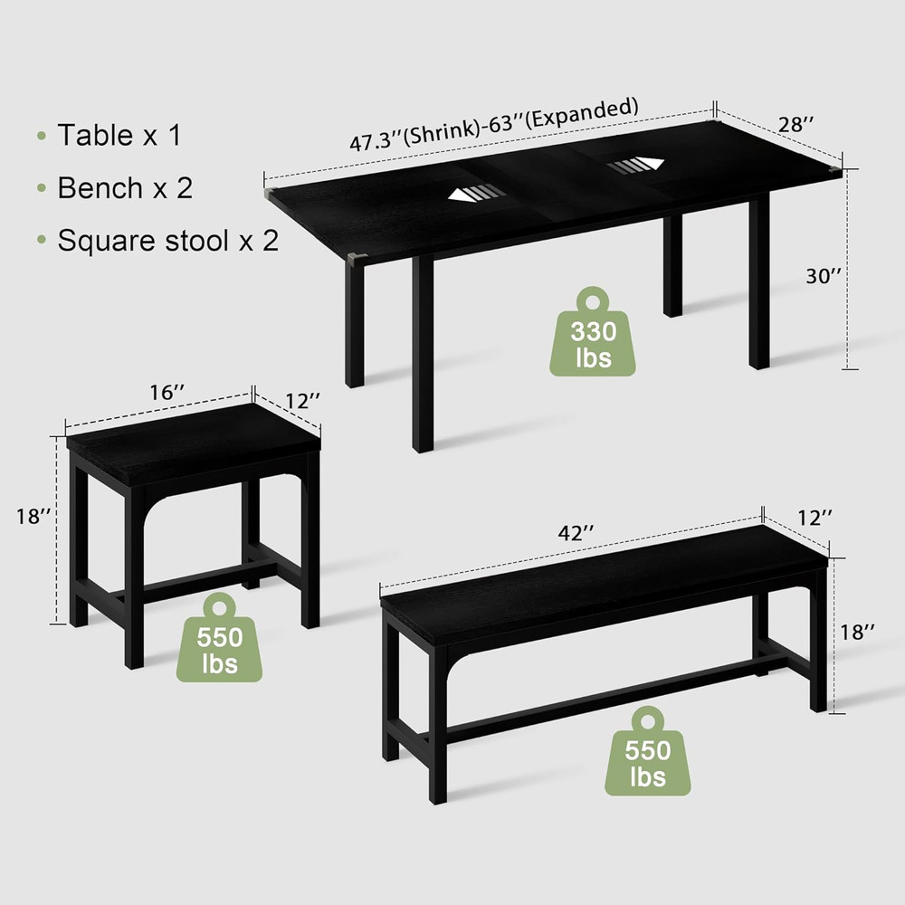 5-Piece Dining Table Set for 4-8 People, 63" Large Extendable Kitchen Table Set