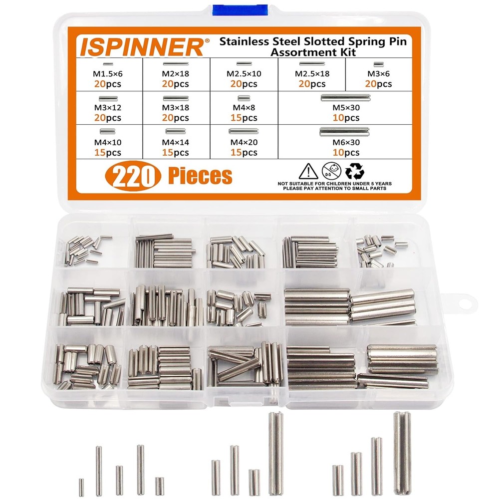 ISPINNER 220pcs Roll Pin Set, Stainless Steel Slotted Spring Assortment...