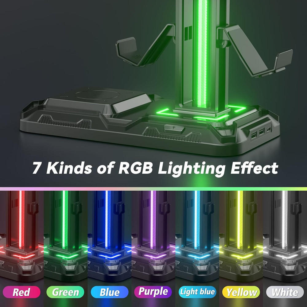 RGB Headphone & Controller Stand w/ Wireless Charging, USB-C Gamer Dock
