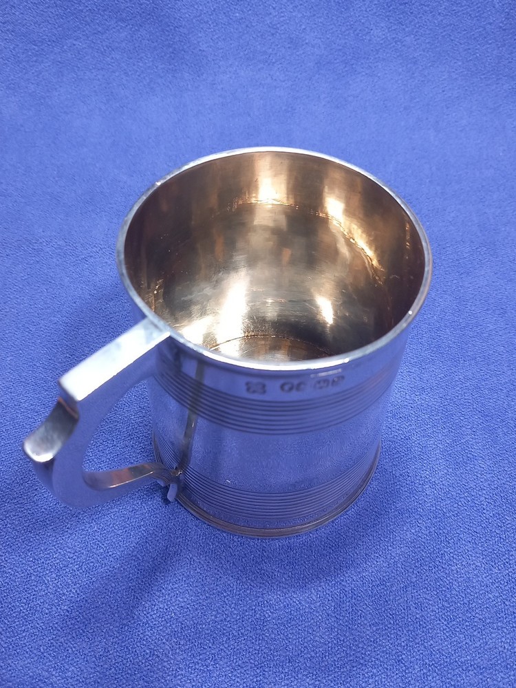 1856 Exeter Sterling Silver Christening Mug Lined Pattern Josiah Williams
