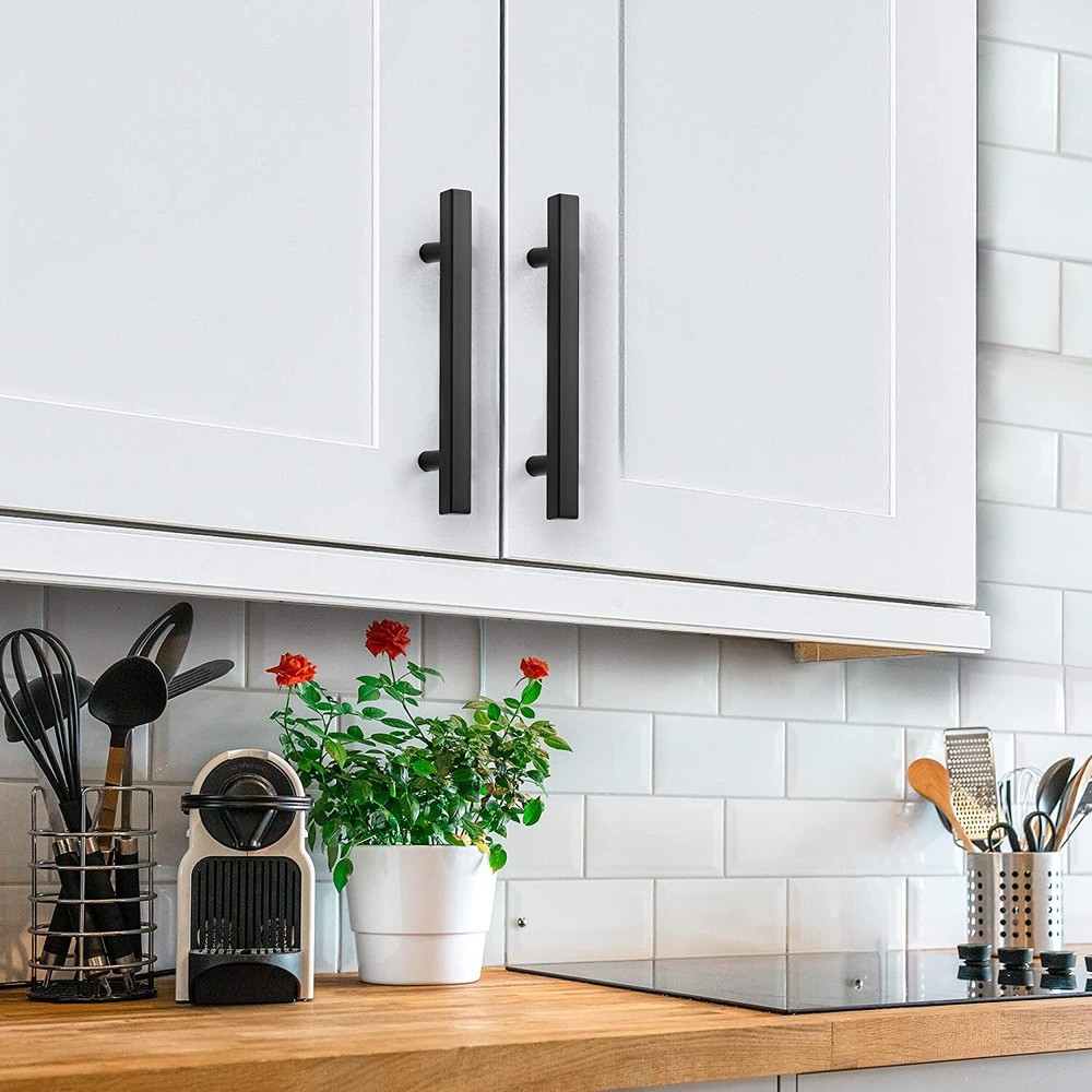 Matte Black Square Modern Cabinet Handles Pulls Kitchen Drawer Stainless Steel