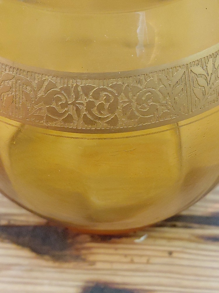 Mid Centrury Modern Small Amber Glass Pitcher, Gold Rose Band, Applied Handle
